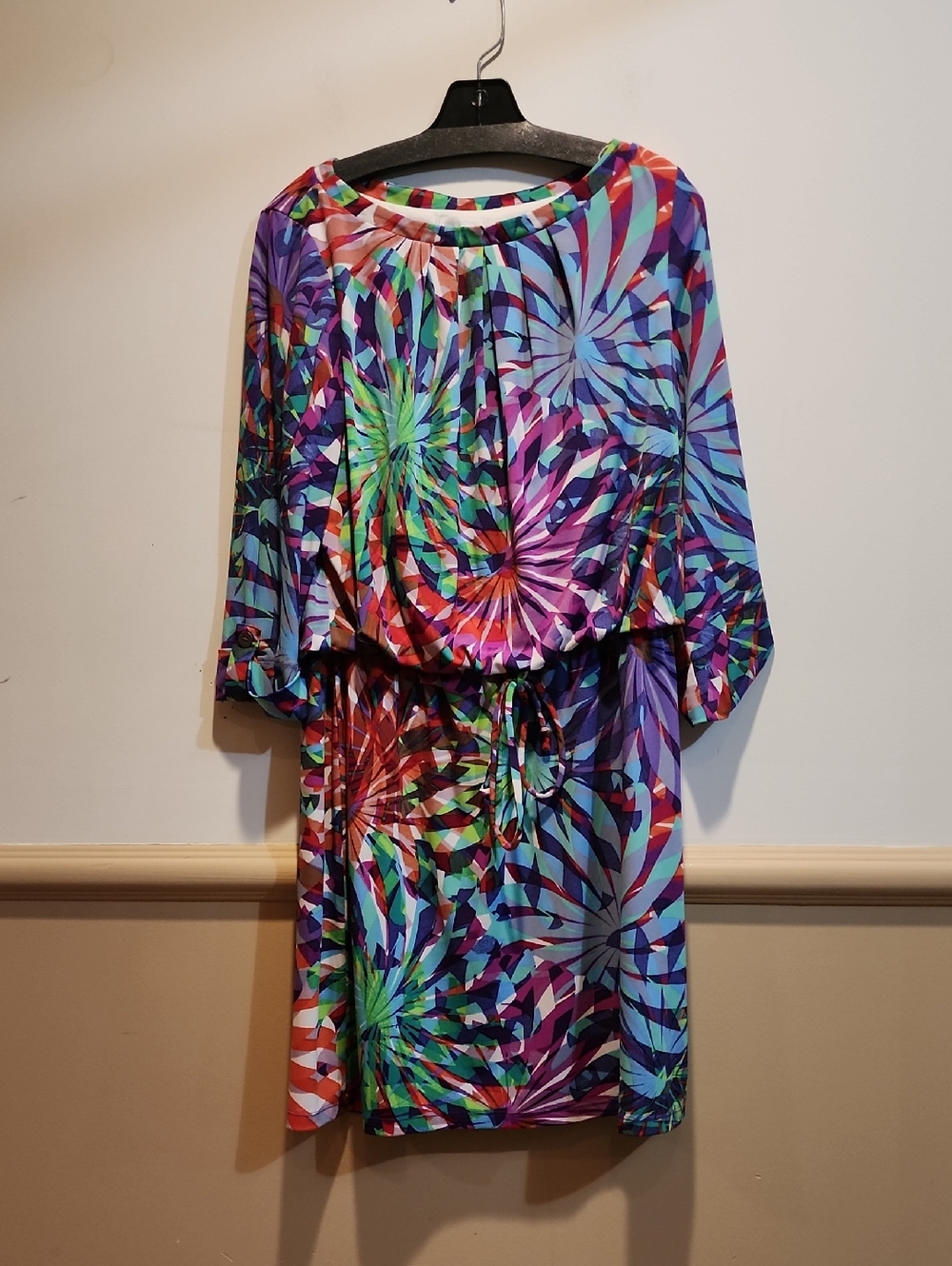 Multicolor Kaleidoscope Print Mini Dress with Tie Waist
